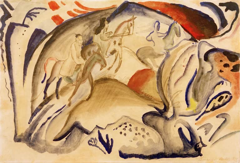 Kunstdruck des Gemäldes „Chinesische Reiter“ von August Macke. Hochwertig in Deutschland von Hand gefertigt, erhältlich als Leinwand oder Poster und optional gerahmt.