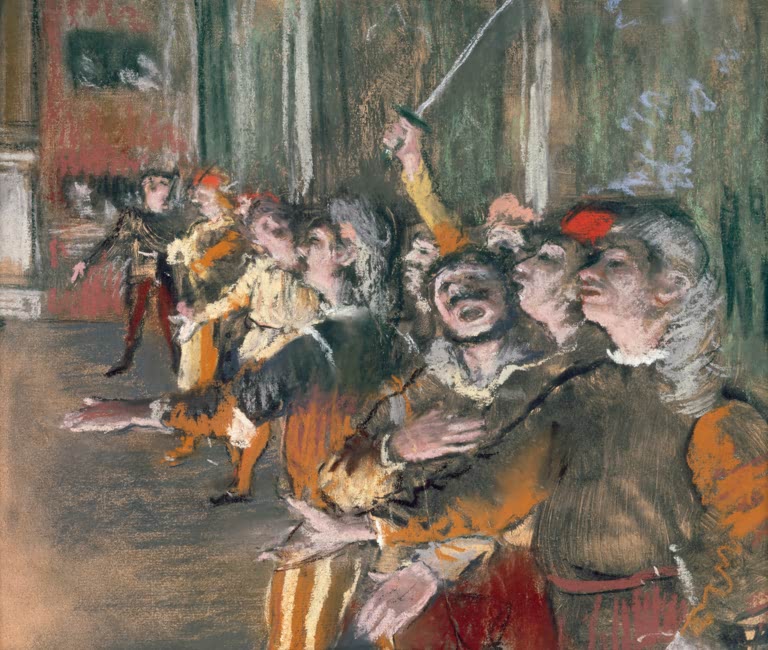 Kunstdruck des Gemäldes „Choristes, dit aussi les figurants“ von Edgar Degas mit einer Darstellung von Chorsängern und Bühnenfiguren. Hochwertig in Deutschland per Hand gefertigt, erhältlich als Poster oder Leinwand.