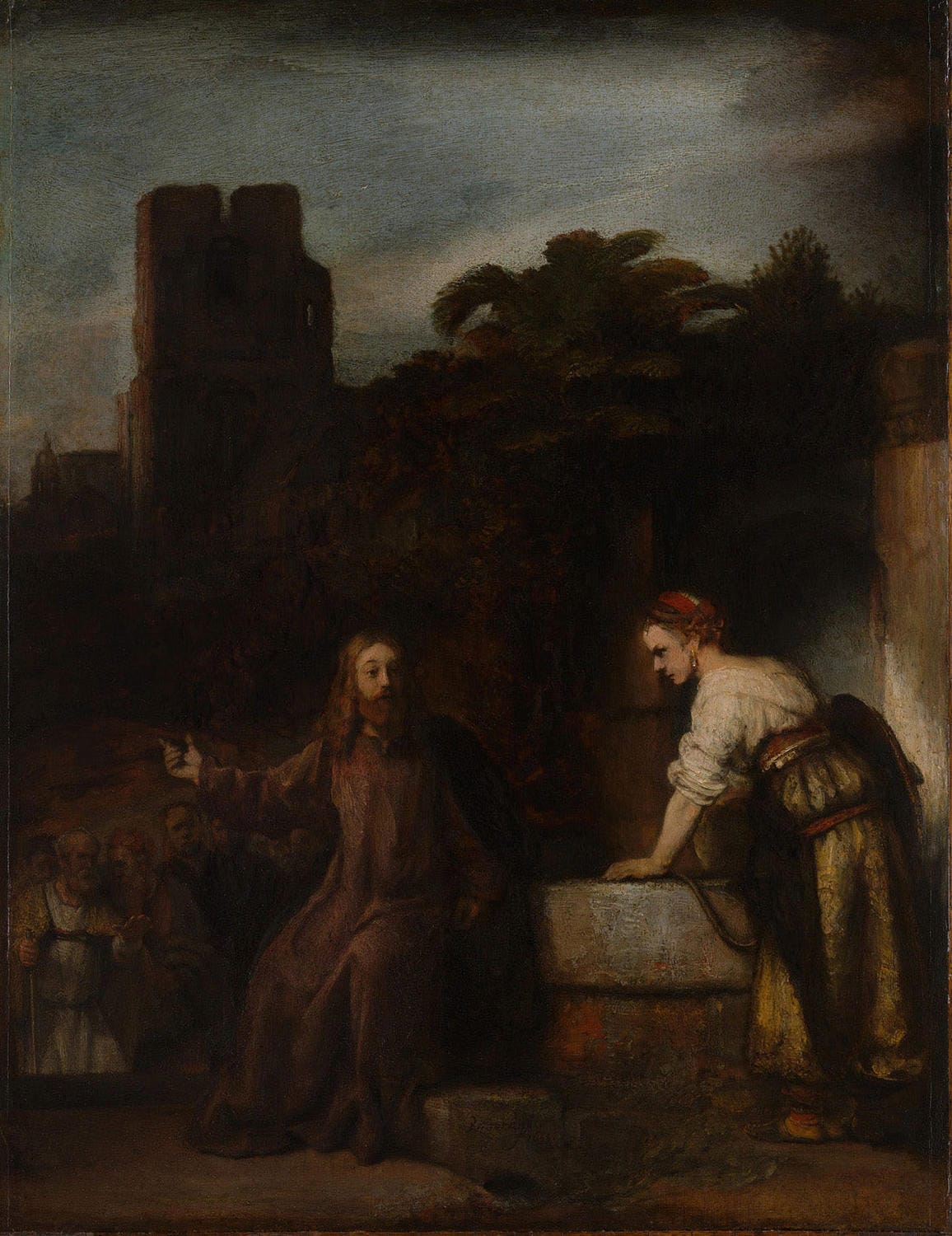 Christus und die Samariterin, gemalt von Rembrandt van Rijn, zeigt eine biblische Szene mit dramatischem Licht-Schatten-Spiel, warmen Brauntönen und lebendigen Farben, die die Begegnung am Brunnen einfängt.