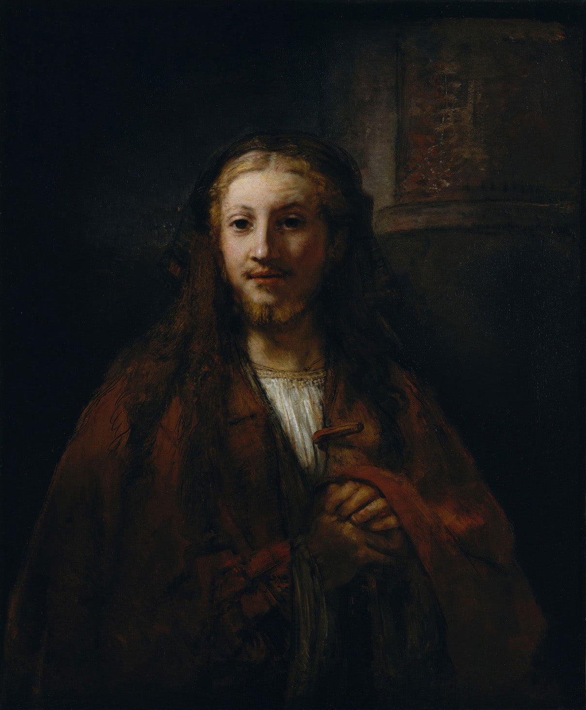 Christus mit einem Stab, gemalt von Rembrandt van Rijn, zeigt Christus in einer nachdenklichen Pose mit einem Stab, umgeben von warmen Brauntönen und dramatischem Licht-Schatten-Spiel.