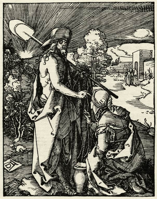 Kunstdruck des Gemäldes „Christus als Gärtner“ von Albrecht Dürer. Hochwertiger Fine-Art-Druck, in Deutschland per Hand gefertigt, erhältlich auf Leinwand oder als Poster.