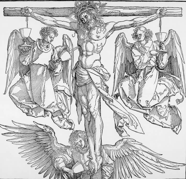 Kunstdruck „Christus am Kreuz mit den drei Engeln“ von Albrecht Dürer mit sakraler Kreuzigungsszene