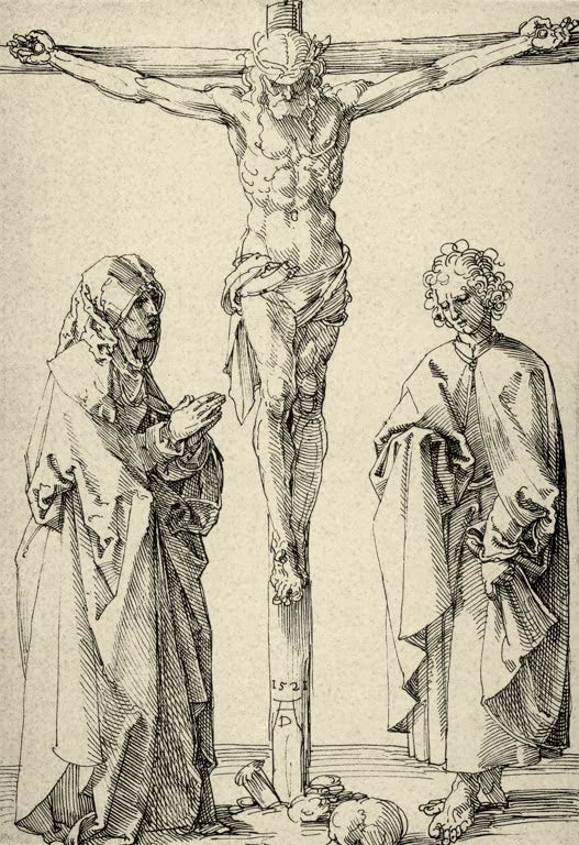 Kunstdruck von „Christus am Kreuze mit Maria und Johannes“ von Albrecht Dürer. Detailreiche Renaissance-Darstellung der Kreuzigung mit Maria und Johannes, in Deutschland handgefertigt.