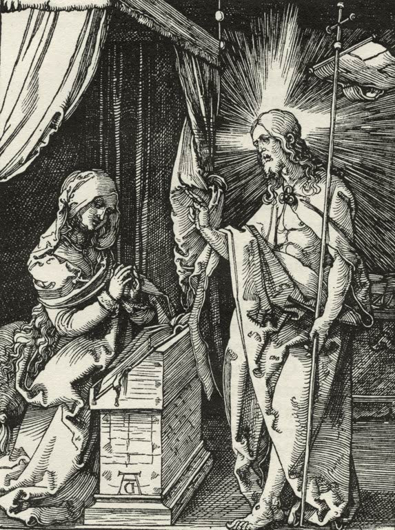 Kunstdruck von „Christus erscheint seiner Mutter“ von Albrecht Dürer. Detailreiche Renaissance-Darstellung der Begegnung des auferstandenen Christus mit Maria, in Deutschland handgefertigt.