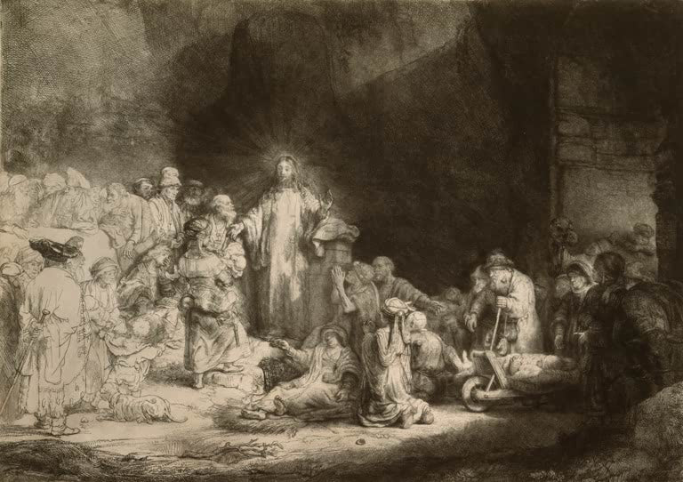 Kunstdruck von Rembrandts Werk „Christus heilt die Kranken“ mit der Darstellung von Christus umgeben von Kranken und Bedürftigen.

