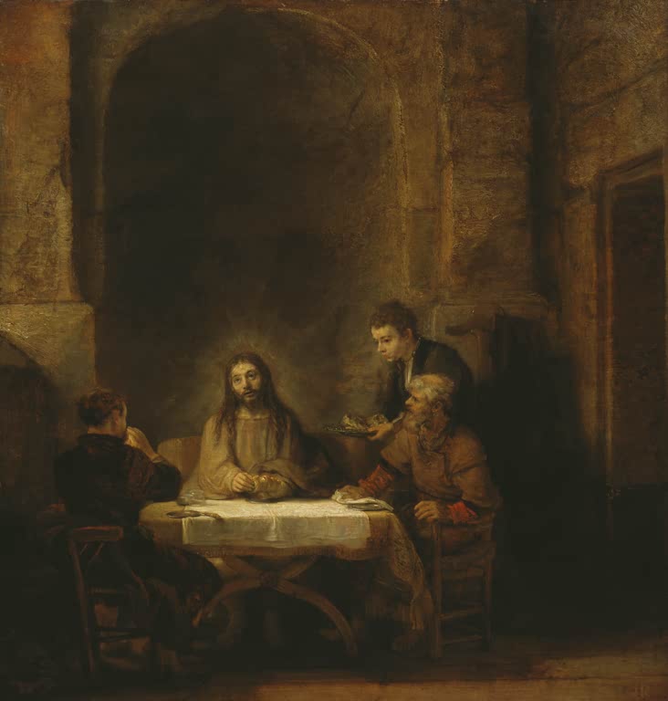 Kunstdruck von Rembrandts Gemälde „Christus und die Jünger von Emmaus“ mit Christus und den Jüngern beim Mahl in Emmaus.
