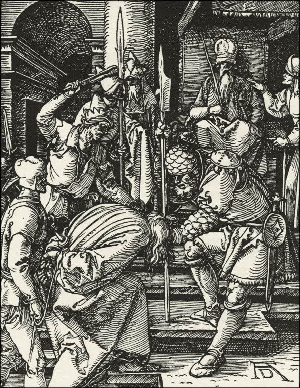 Kunstdruck von „Christus vor Hannas“ von Albrecht Dürer. Detailreiche biblische Szene aus der Renaissance mit Christus vor dem Hohepriester Hannas, in Deutschland handgefertigt.