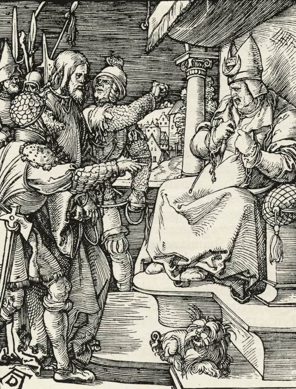 Kunstdruck des Gemäldes „Christus vor Kaiphas“ von Albrecht Dürer. Hochwertiger Fine-Art-Druck, in Deutschland per Hand gefertigt, erhältlich auf Leinwand oder als Poster.