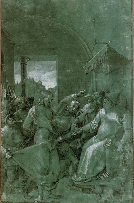 Kunstdruck von „Christus vor Kaiphas (oder Hannas)“ von Albrecht Dürer. Detailreiche Renaissance-Darstellung der Passionsgeschichte, in Deutschland handgefertigt.