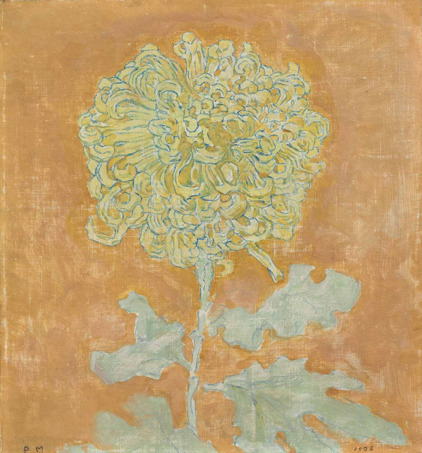 "Chrysanthemum" von Piet Mondrian ist eine detailreiche Darstellung einer einzelnen Chrysantheme, die die komplexe Struktur der Blume betont. Mit feinen Linien und Schattierungen vermittelt das Werk die Textur und Form der Blütenblätter und Blätter. Mondrians Interesse an der plastischen Struktur der Natur spiegelt sich in dieser Zeichnung wider, die sowohl realistische als auch abstrakte Elemente vereint.