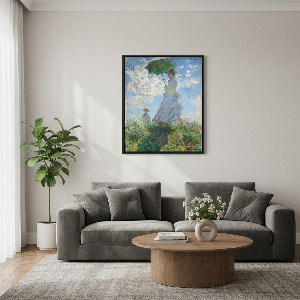 Claude Monet Frau mit Sonnenschirm (Madame Monet und ihr Sohn) auf Leinwand in Schattenfugenrahmen an der Wand hängend