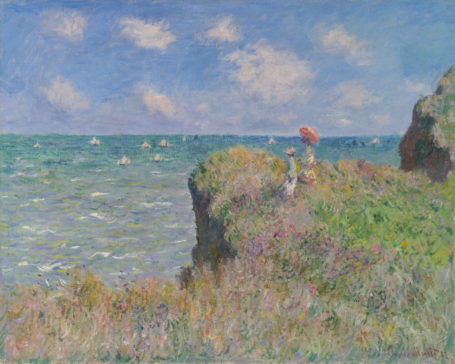 Cliff Walk at Pourville von Claude Monet – Kunstkopie. Impressionistische Darstellung eines steilen Klippenpfades entlang der Küste von Pourville in der Normandie, mit dem weiten, blauen Meer und dem strahlend blauen Himmel, umgeben von grünen Wiesen und weißen Felsen. Ein Beispiel für Monets Meisterschaft in der Wiedergabe von Licht und Farbe.