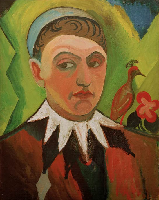 Kunstdruck des Gemäldes „Clown, karikiertes Selbstbildnis“ von August Macke. Hochwertig in Deutschland von Hand gefertigt, erhältlich als Leinwand oder Poster und optional gerahmt.