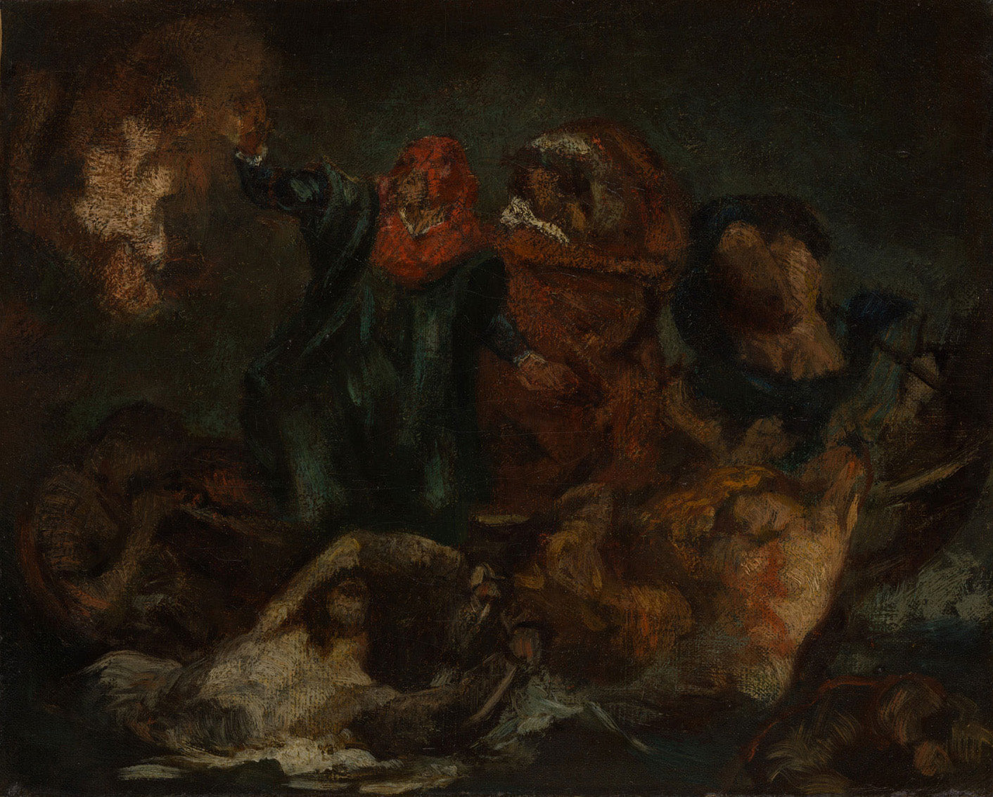 Édouard Manets „Copy after Delacroix's 'Bark of Dante'“ zeigt Dante und Vergil auf der düsteren Barke über den Fluss Styx. Mit kraftvollen Farben und einer dynamischen Pinselführung bringt Manet Delacroix' dramatische Szene in seinem einzigartigen, impressionistischen Stil zum Leben.