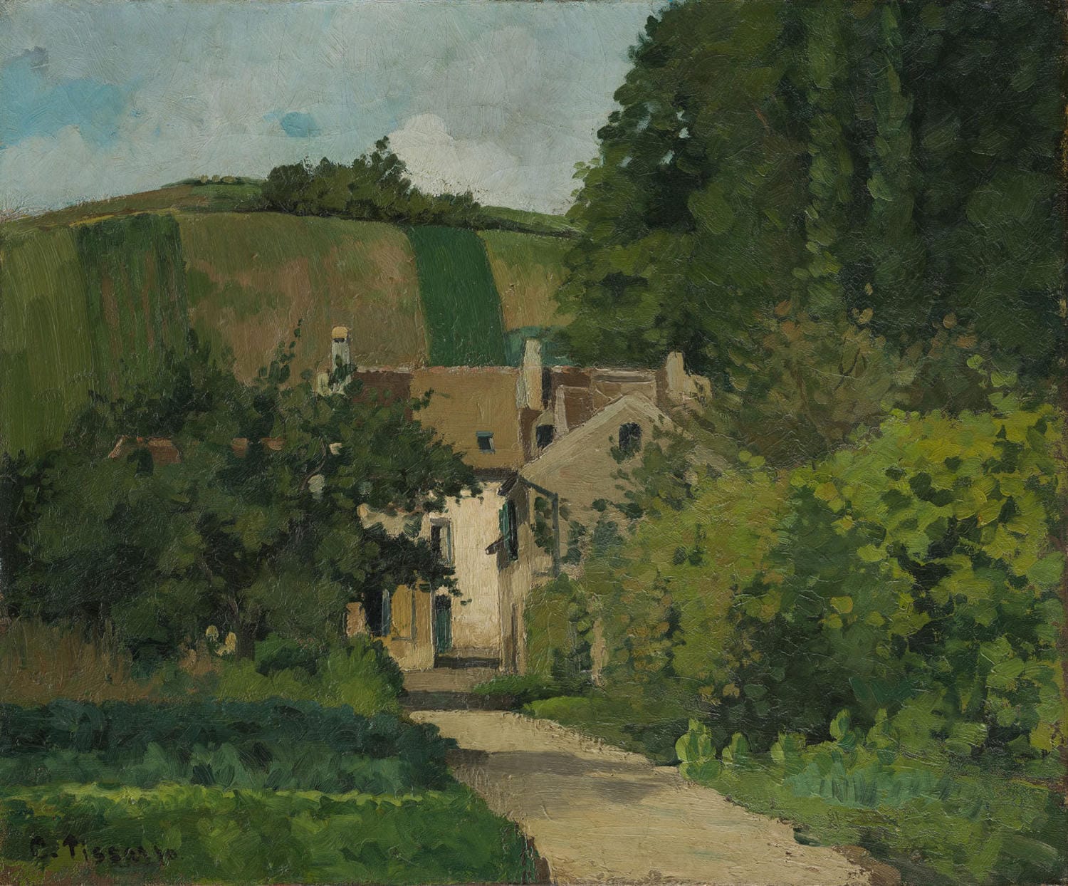 "Côte Saint-Denis, Pontoise" von Camille Pissarro – Impressionistische Landschaftsdarstellung mit sanften Hügeln, kleinen Häusern und lebendigem Himmel.