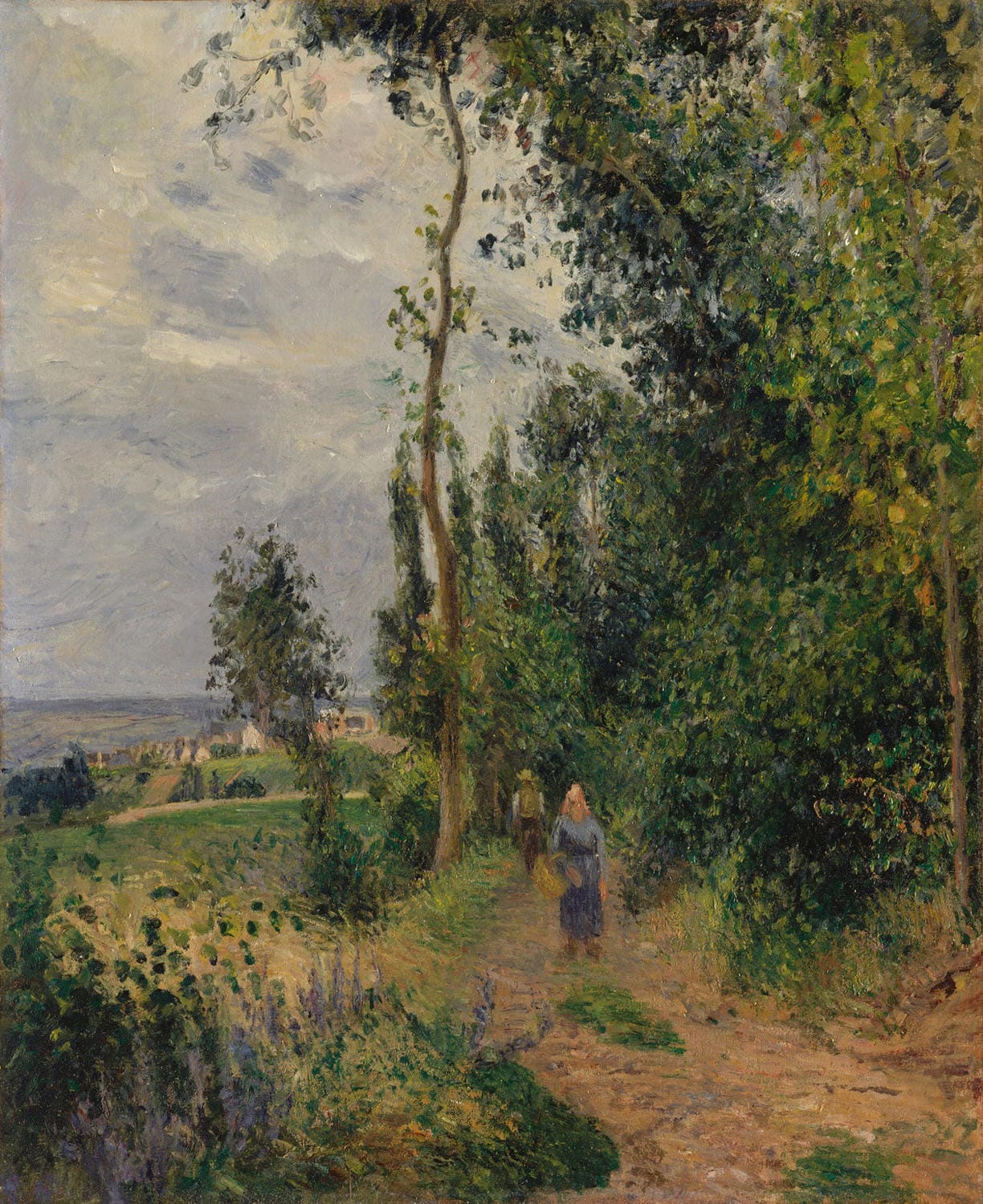 „Côte des Grouettes, in der Nähe von Pontoise“ von Camille Pissarro zeigt eine malerische ländliche Landschaft, in der sanfte Hügel und ein weites, goldenes Feld harmonisch mit dem Himmel verschmelzen. Die impressionistische Farbgebung fängt das ruhige ländliche Leben und die Schönheit der Natur ein.