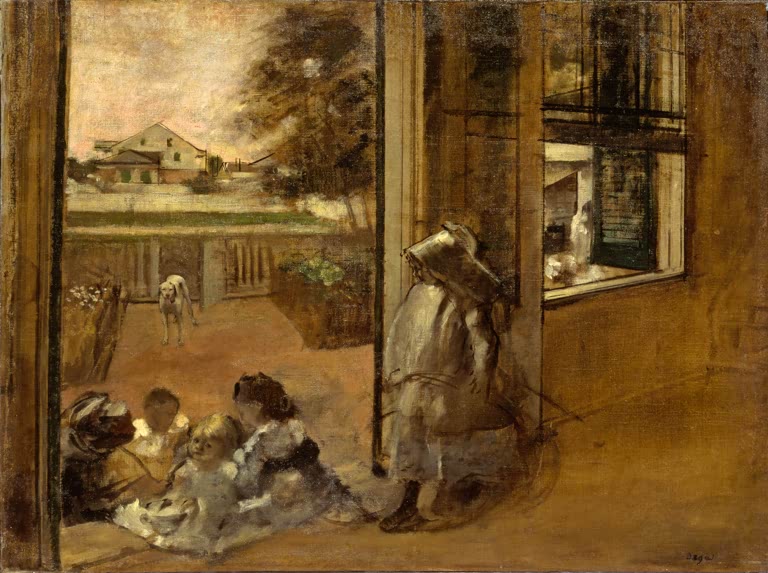 Kunstdruck des Gemäldes „Cour d'une maison (Nouvelle-Orléans)“ von Edgar Degas, detailgetreu umgesetzt und hochwertig in Deutschland produziert.