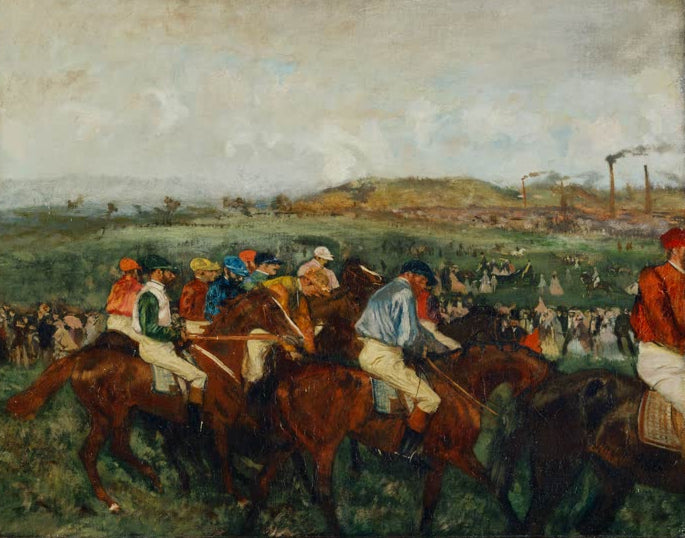 Kunstdruck des Gemäldes „Course de gentlemen. Avant le depart“ von Edgar Degas, detailgetreu als Kunstdruck umgesetzt und in Deutschland von Hand gefertigt.