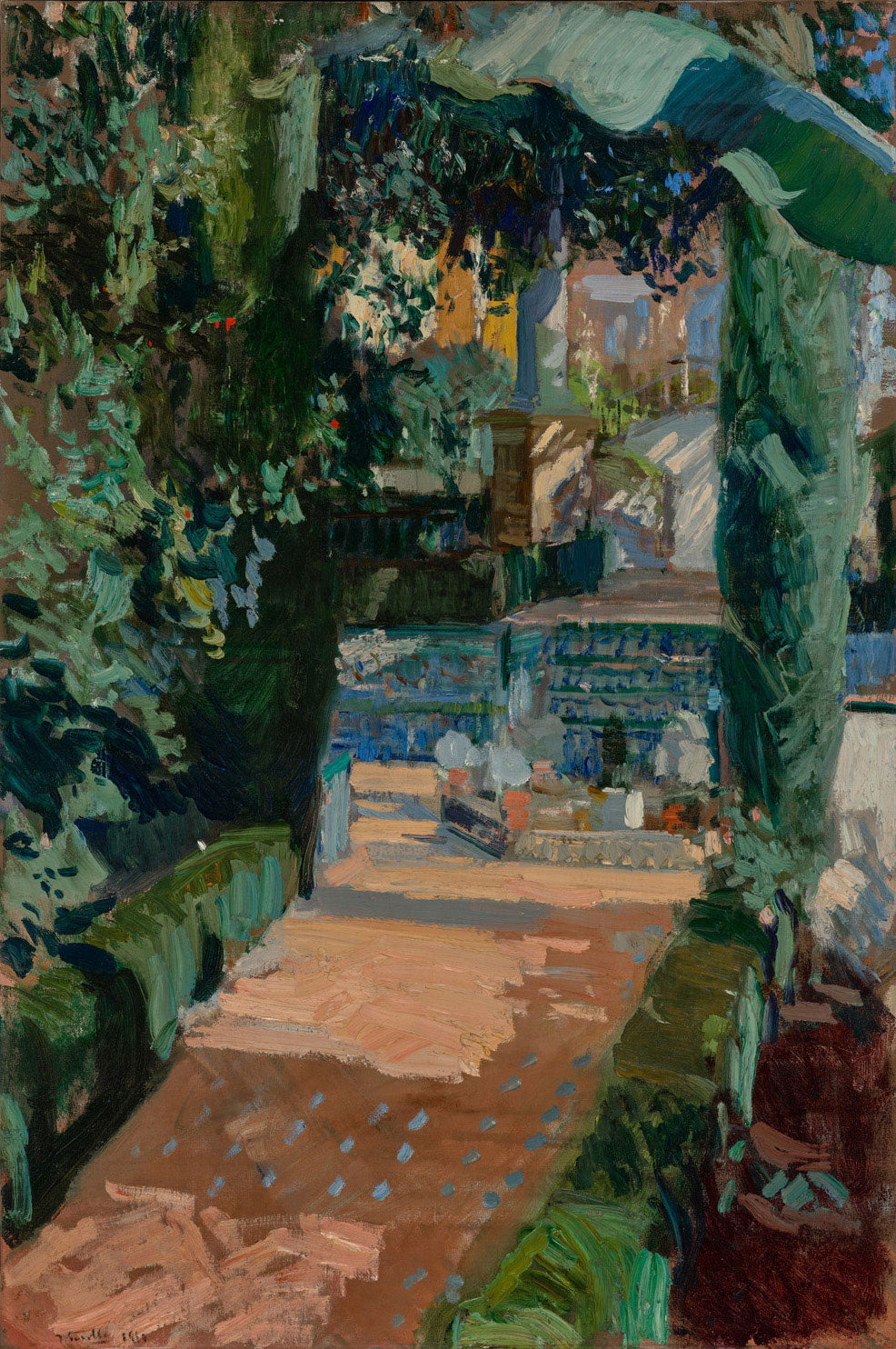 Das Gemälde "Hof der Tänze, Alcázar, Sevilla" von Joaquín Sorolla zeigt den malerischen Innenhof des Alcázar von Sevilla, umgeben von maurischer Architektur und üppiger Vegetation. Das sanfte, goldene Licht fällt durch die Bögen und hebt die lebendigen Farben des Hofes hervor, wodurch eine ruhige und elegante Atmosphäre entsteht.