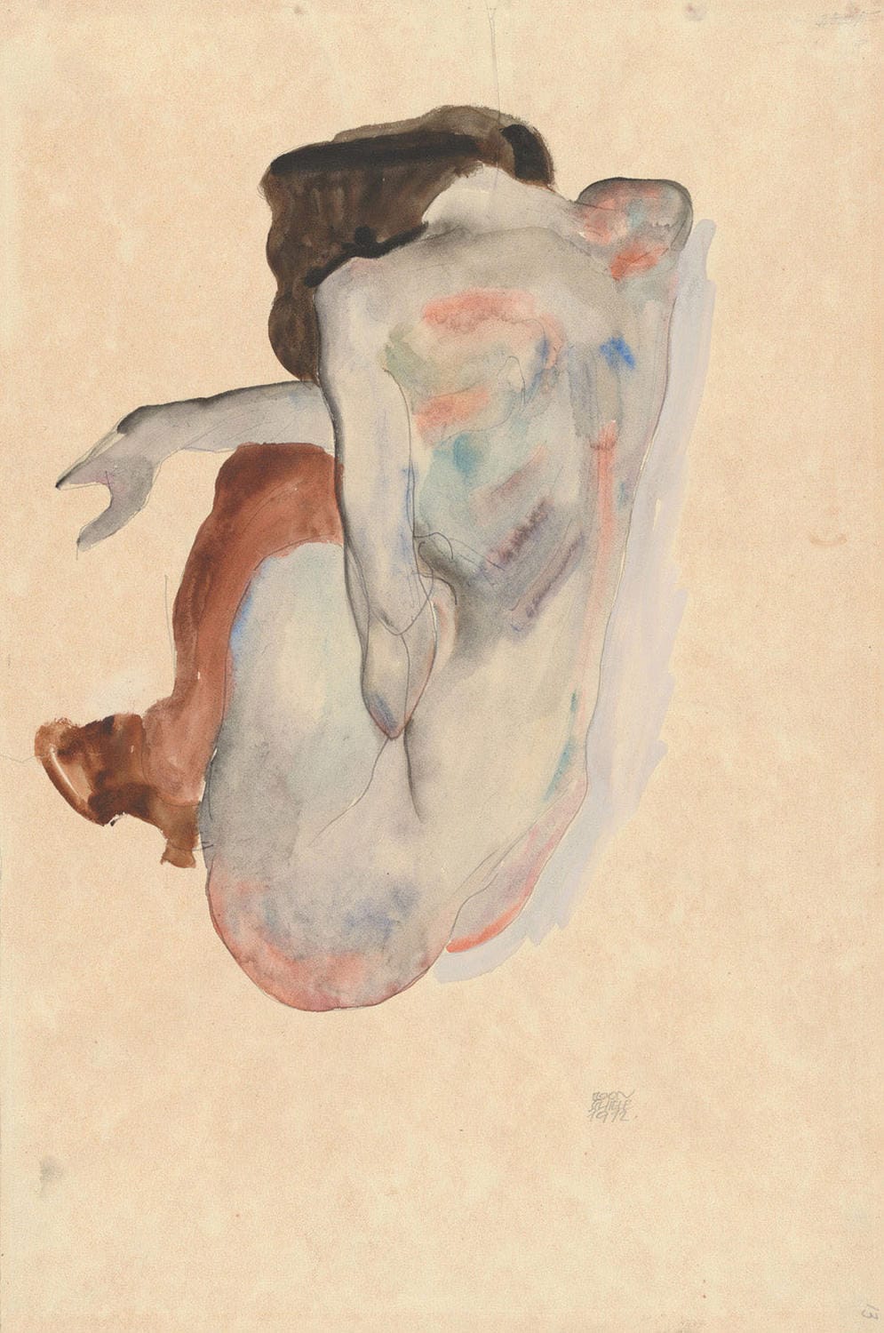 Expressionistisches Gemälde von Egon Schiele: Kauernder weiblicher Akt in Schuhen und schwarzen Strümpfen, Rückansicht, mit ausdrucksstarken Linien im Hochformat.