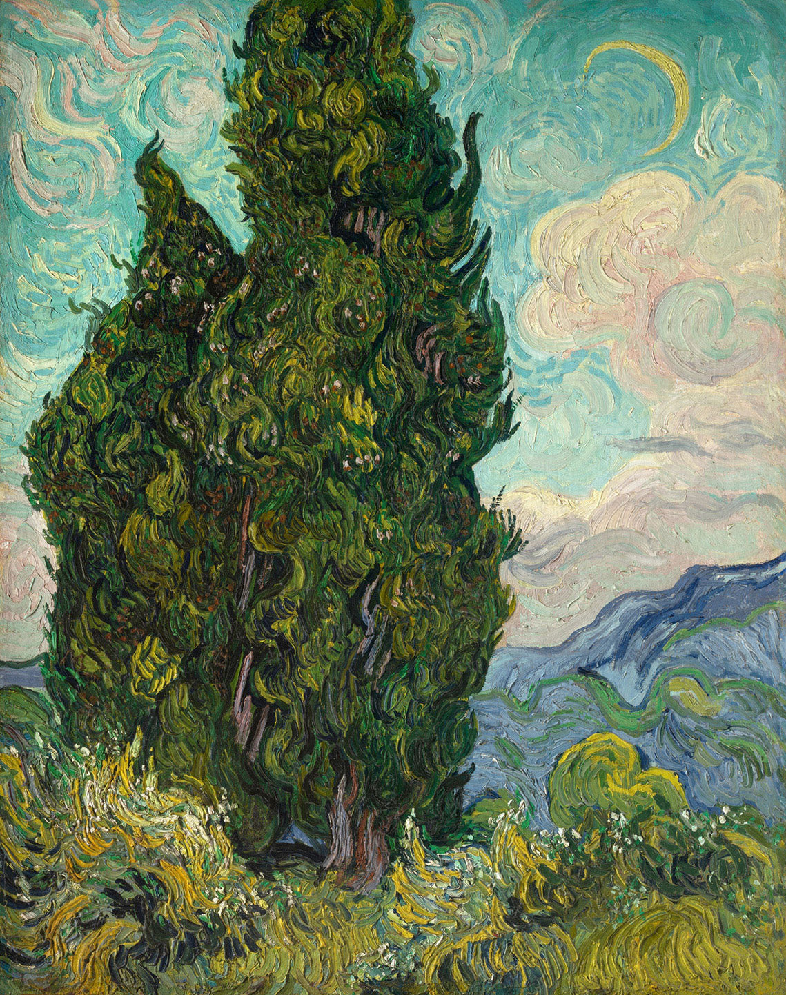 Majestätische Zypressen unter einem dramatischen Himmel, gemalt von Vincent van Gogh im Jahr 1889, im Postimpressionismus-Stil.