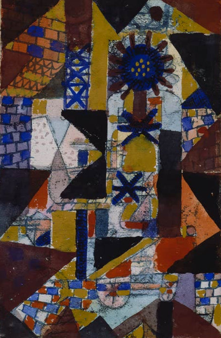 Kunstdruck von „Dächerblume“ von Paul Klee mit abstrakter Stadtansicht und blumenähnlichen Formen in harmonischer Farbgestaltung.