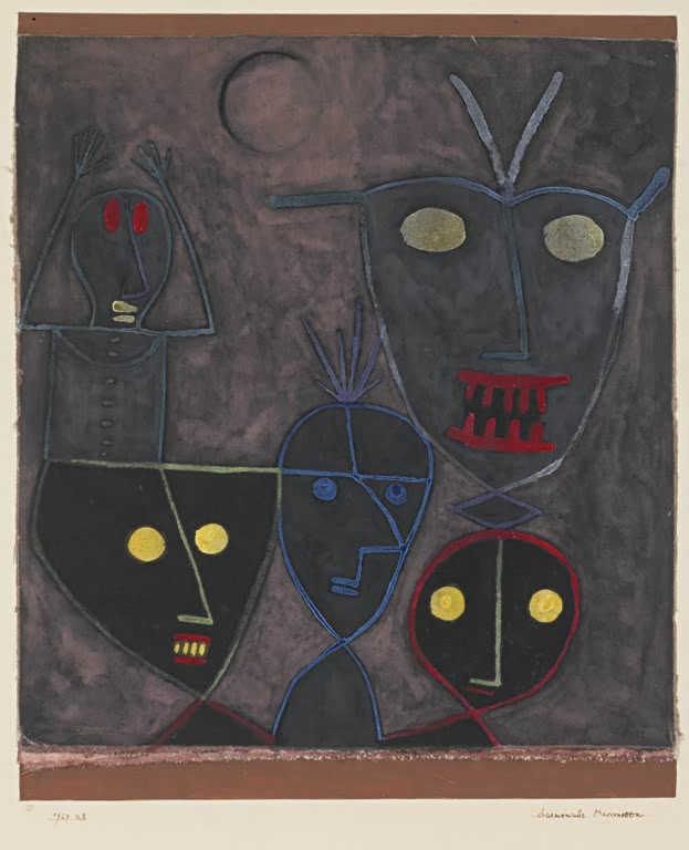 Kunstdruck „Dämonische Puppen“ von Paul Klee mit abstrahierten, puppenartigen Figuren und expressiver Farbgestaltung