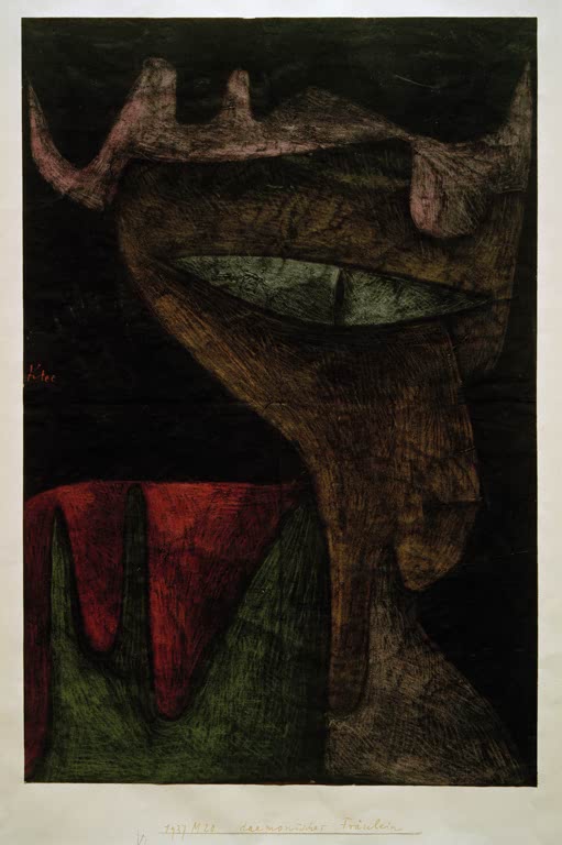 Kunstdruck des Gemäldes Daemonisches Fräulein von Paul Klee, handgefertigt in Deutschland als hochwertiger Kunstdruck.