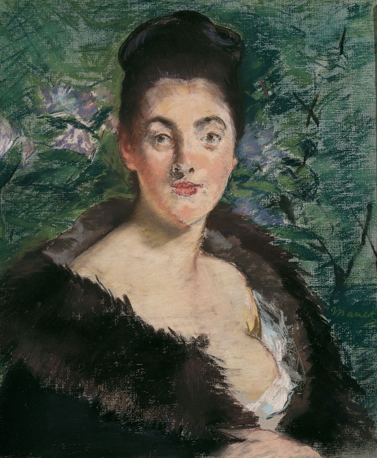 "Dame im Pelz, Gemälde von Édouard Manet, elegante Frau im luxuriösen Pelz aus dem 19. Jahrhundert."