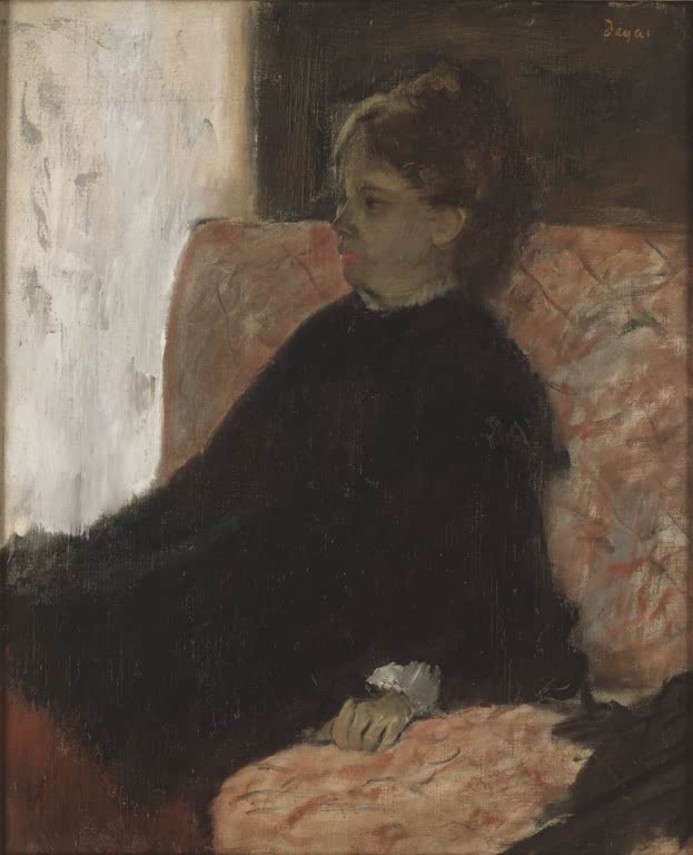 Kunstdruck des Gemäldes „Dame in Schwarz“ von Edgar Degas mit der eleganten Darstellung einer Frau in dunkler Kleidung. Hochwertig in Deutschland per Hand gefertigt, erhältlich als Poster oder Leinwand.