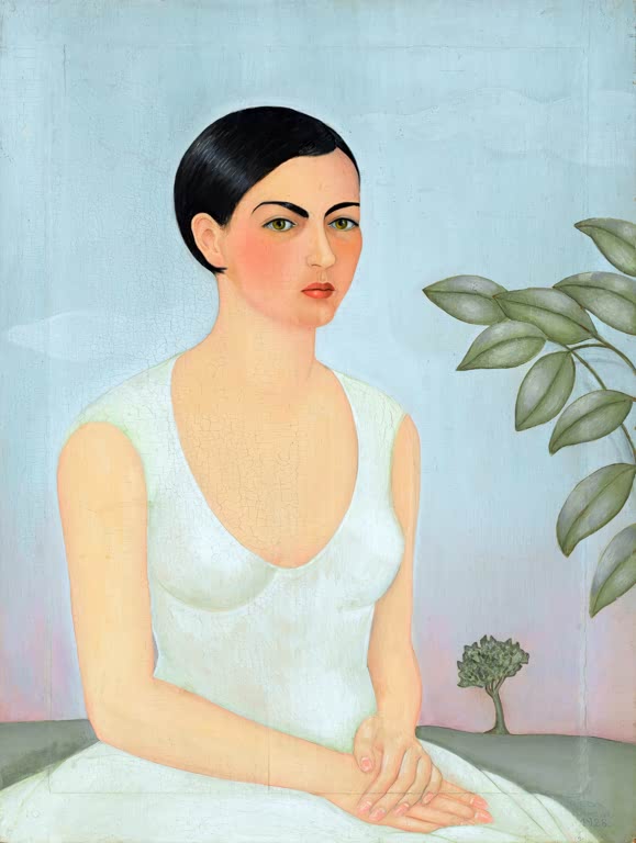 Dame in Weiß von Frida Kahlo als Kunstdruck in hellen Farben
