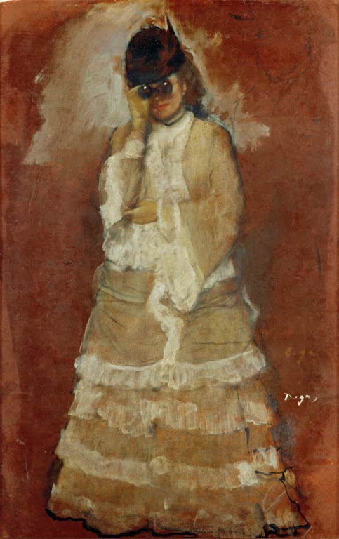 Kunstdruck des Gemäldes Dame mit Fernglas von Edgar Degas mit einer Frau, die ein Fernglas hält.