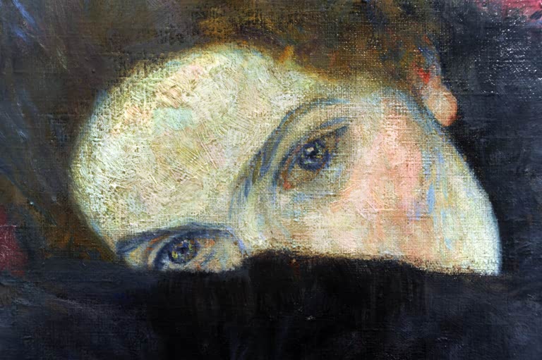 Kunstdruck des Gemäldes „Dame mit Muff“ von Gustav Klimt – hochwertige Reproduktion eines eleganten Jugendstil-Porträts.