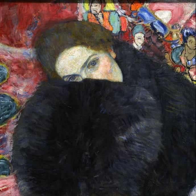 Kunstdruck des Gemäldes „Dame mit Muff“ von Gustav Klimt – hochwertige Reproduktion eines eleganten Jugendstil-Porträts.