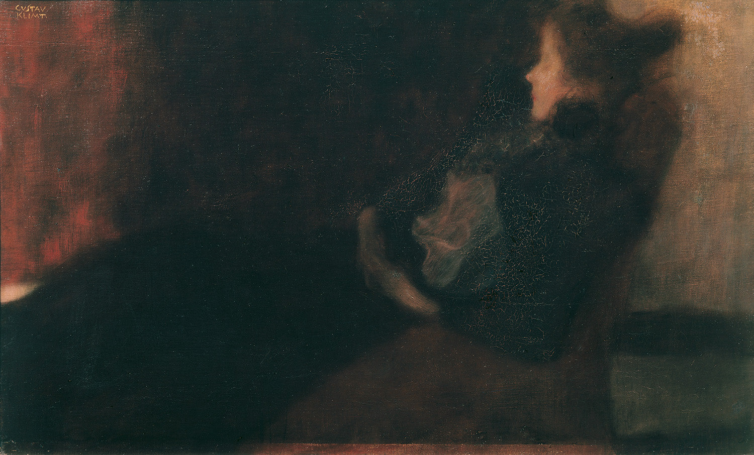„Dame am Kamin“ von Gustav Klimt zeigt eine elegante Frau in einem kunstvoll verzierten Kleid, die in Gedanken versunken vor einem Kamin sitzt. Das Meisterwerk der Wiener Moderne besticht durch zarte Details, edle Farbgebung und eine warme, intime Atmosphäre.