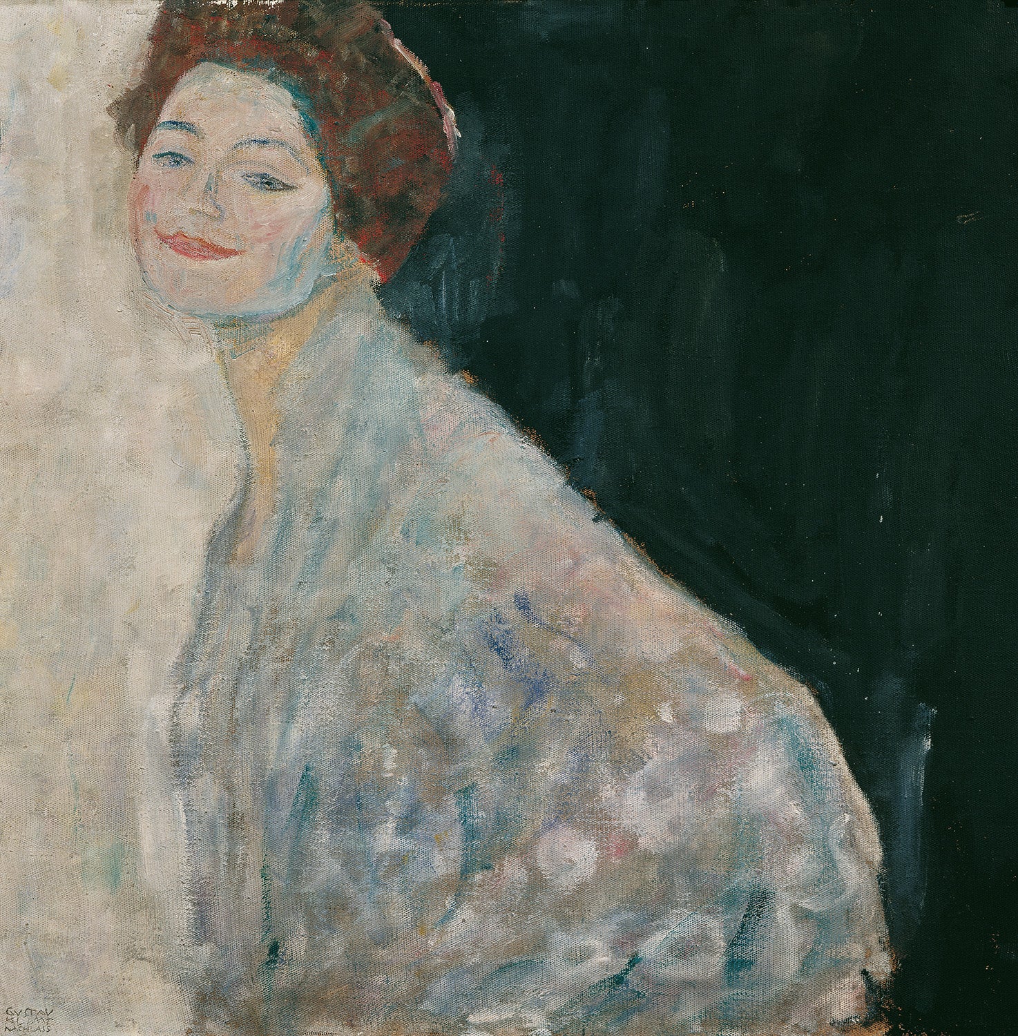 Das Gemälde „Dame in Weiß“ von Gustav Klimt zeigt eine elegante Frau in einem schlichten weißen Kleid, umgeben von feinen Ornamenten und floralen Mustern. Die kunstvolle Detailarbeit und die zeitlose Schönheit dieses Werkes machen es zu einem herausragenden Beispiel der Wiener Moderne.