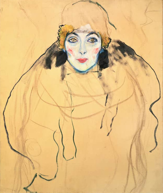 Kunstdruck des Gemäldes „Damenbildnis en face“ von Gustav Klimt – hochwertige Reproduktion eines eleganten Jugendstil-Porträts.