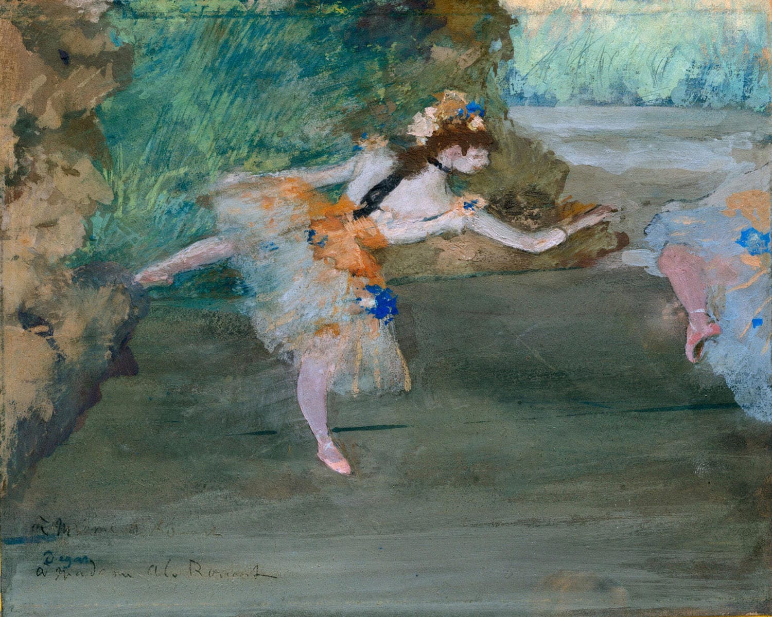 Impressionistisches Gemälde von Edgar Degas: Eine Balletttänzerin in ausdrucksstarker Pose auf der Bühne, dargestellt in feinen Pinselstrichen und zarten Farbtönen.