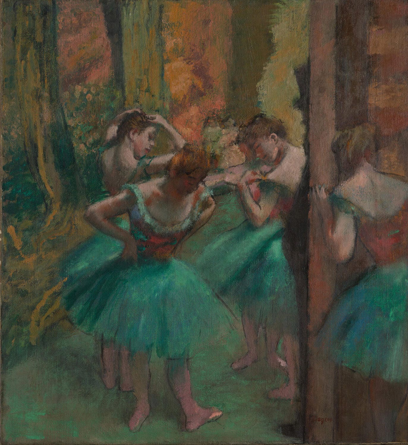 „Tänzerinnen, Pink und Grün“ von Edgar Degas zeigt zwei Balletttänzerinnen in eleganter Haltung, eingefangen in einem Moment der Vorbereitung. Mit sanften Rosatönen und kräftigem Grün betont das Gemälde die Anmut und Bewegung der Tänzerinnen, typisch für Degas' beeindruckende Kunsttechnik.