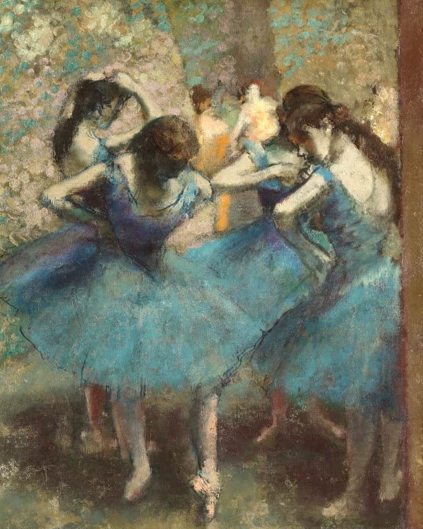 Kunstdruck des Gemäldes Danseuses bleues von Edgar Degas mit Balletttänzerinnen in blauen Kostümen.