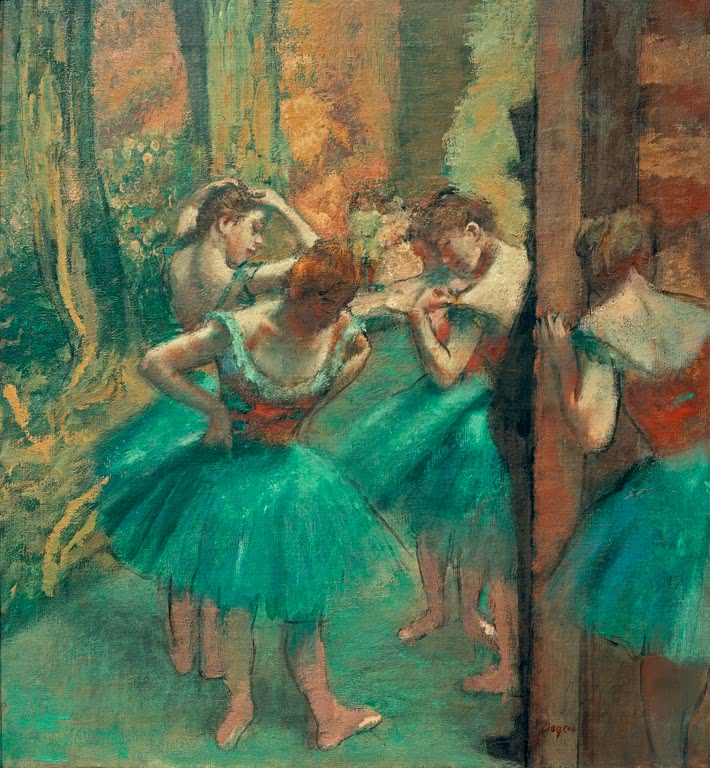 Kunstdruck von Danseuses en rose von Edgar Degas mit mehreren Balletttänzerinnen in rosafarbenen Kostümen und impressionistischer Darstellung.