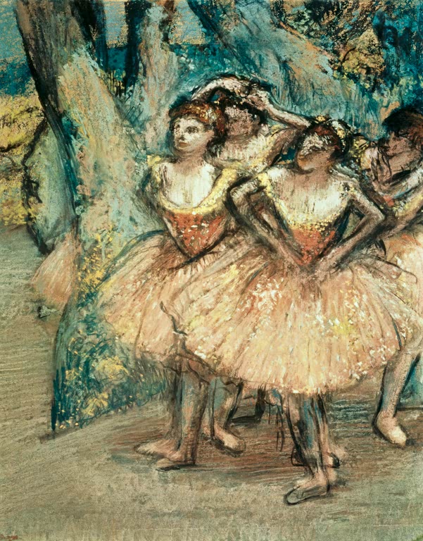 Kunstdruck des Gemäldes „Danseuses en rose“ von Edgar Degas mit Balletttänzerinnen in rosafarbenen Kostümen. Hochwertig in Deutschland per Hand gefertigt, erhältlich als Poster oder Leinwand.