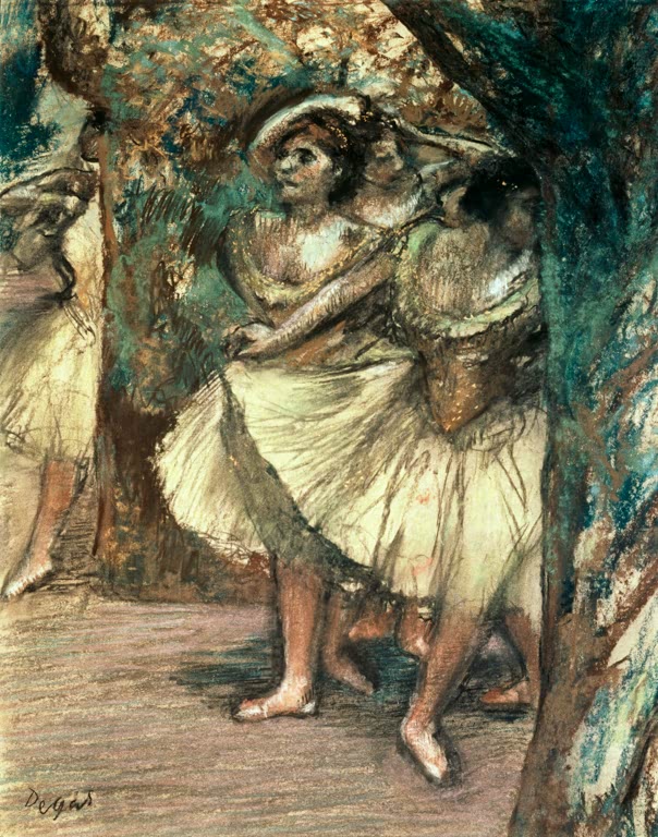 Kunstdruck des Gemäldes „Danseuses en vert“ von Edgar Degas mit Balletttänzerinnen in grünen Kostümen. Hochwertig in Deutschland per Hand gefertigt, erhältlich als Poster oder Leinwand.