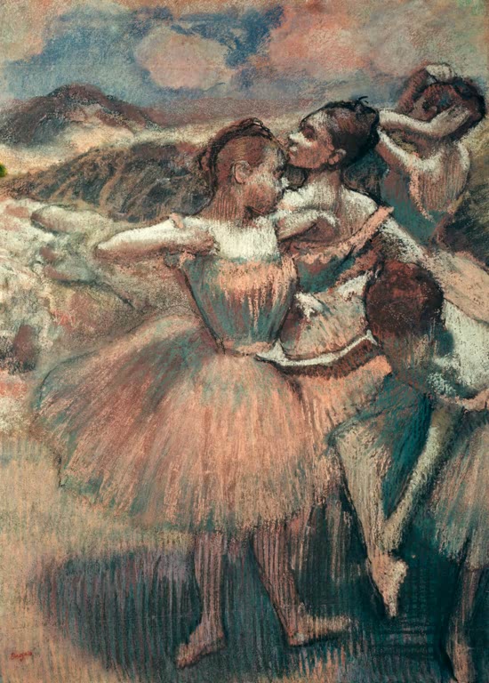 Kunstdruck von „Danseuses, jupes saumon“ von Edgar Degas, handgefertigt in Deutschland als Leinwand oder Poster erhältlich