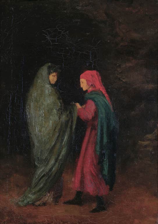 Ein Kunstdruck des Gemäldes Dante und Vergil am Eingang zur Hölle von Edgar Degas, das die beiden Figuren in einer düsteren, atmosphärischen Landschaft zeigt.