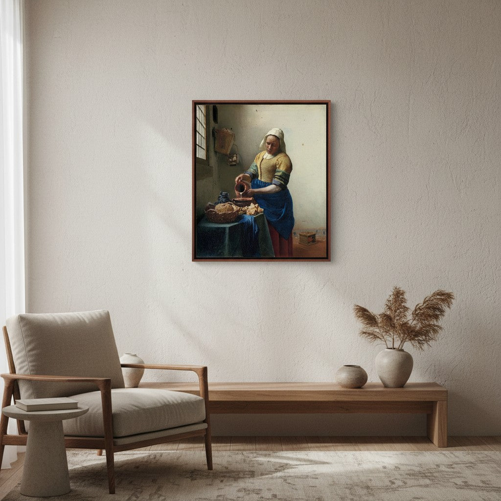 Das Milchmädchen von Johannes Vermeer als Kunstdruck auf Leinwand in einem Schattenfugenrahmen an der Wand hängend