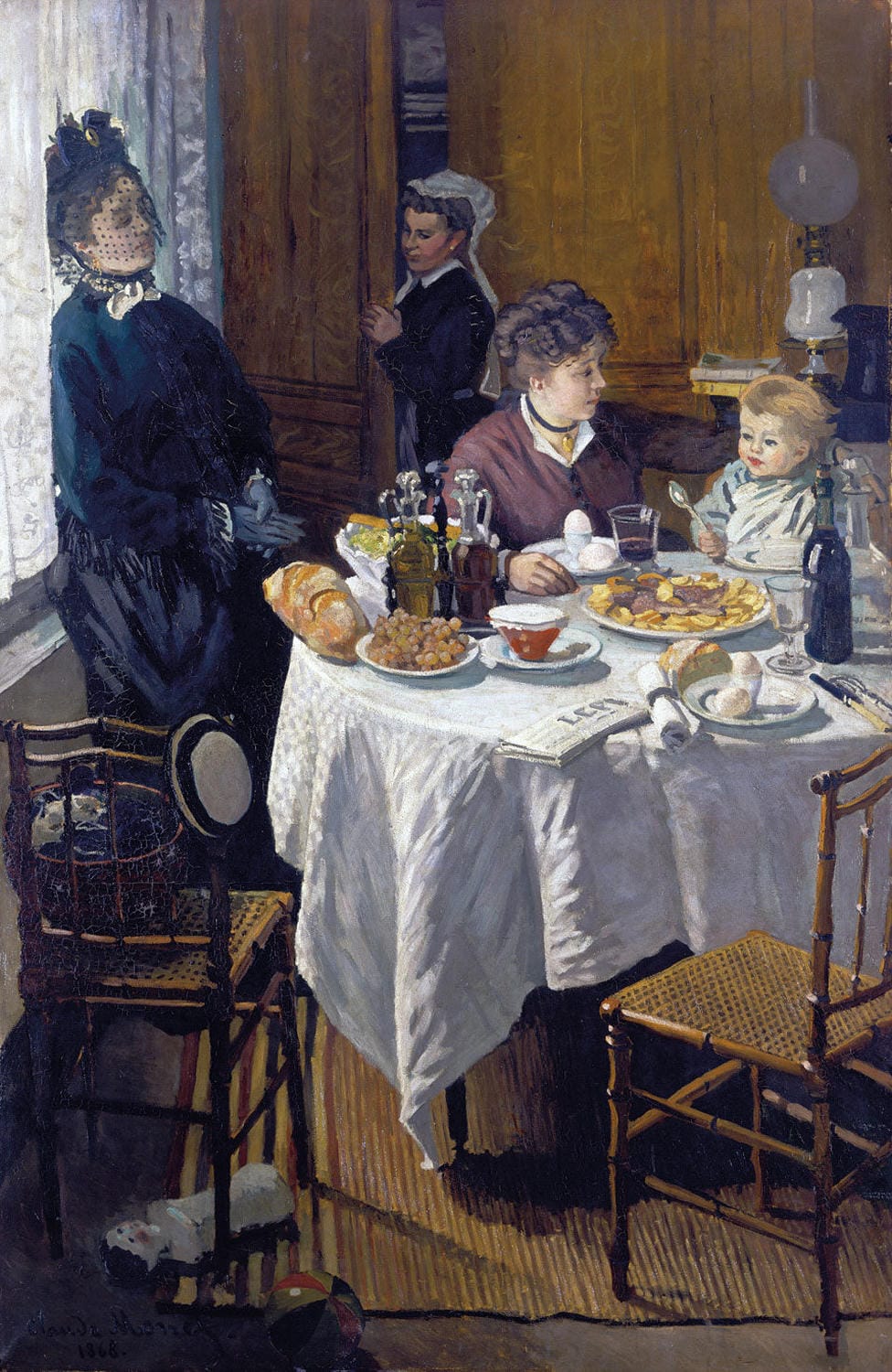 Das Mittagessen von Claude Monet – Impressionistisches Gemälde einer Mittagsszene mit Menschen an einem gedeckten Tisch in einem eleganten Interieur.
