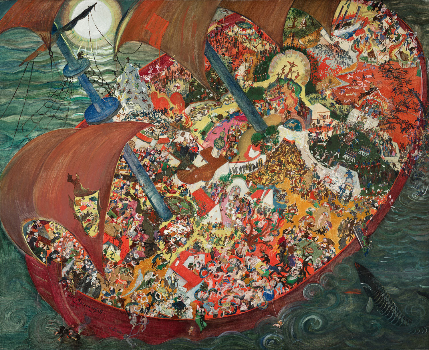Das Narrenschiff von Oskar Laske: Eine expressionistische Darstellung von grotesken Figuren, die symbolisch eine Reise der menschlichen Torheit und gesellschaftlichen Dekadenz antreten.