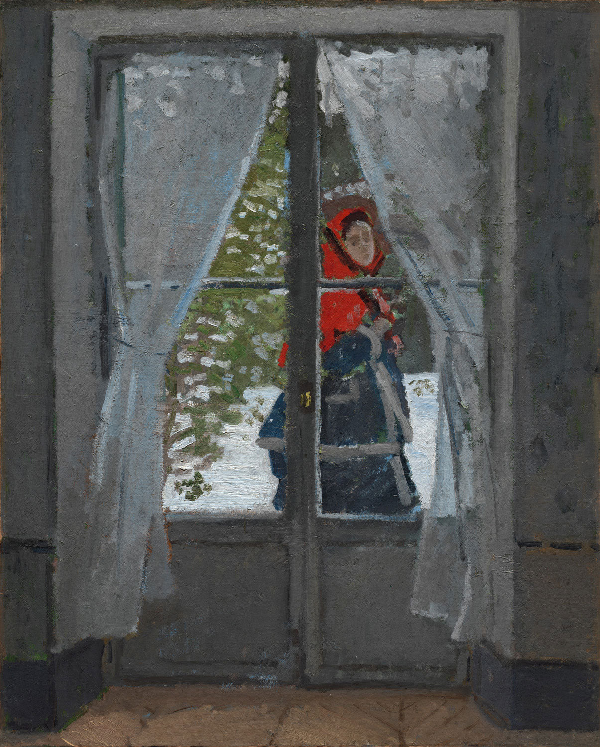 Das Gemälde "Das rote Kopftuch" von Claude Monet zeigt eine Frau, die einen roten Schal trägt und hinter einem Fensterglas steht. 