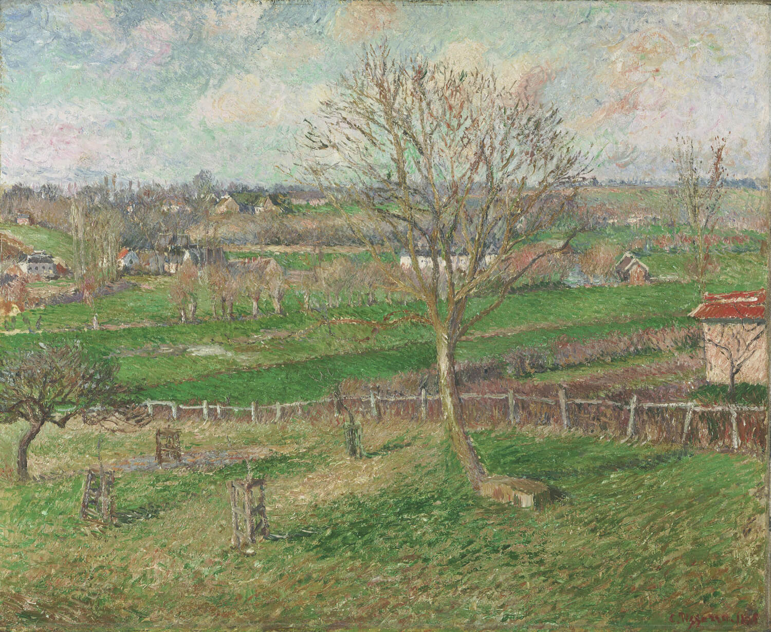 Das Gemälde „Das Feld und der große Walnussbaum im Winter, Eragny“ von Camille Pissarro zeigt einen malerischen Winterblick auf ein Feld mit einem imposanten Walnussbaum. Es fängt die ruhige Atmosphäre und die sanften Farbnuancen der winterlichen Natur meisterhaft ein.
